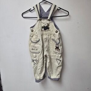 Vintage Jordin Baby Overalls Tan Italian Fabric‎ Happy Bear Gingham Trim 12-18M